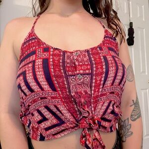 Lucky Brand Red Patterned Cropped Tank Top with Tie